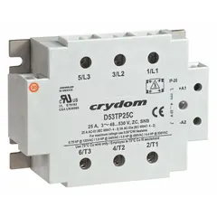 Surface-mounted solid state relay with SCR output for AC load switching. Form A (SPST-NO) configuration, rated 25 A maximum output current at 48 to 530 VAC. Finger-safe design. Operation without a heat sink is not recommended.