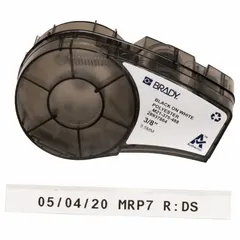 Continuous label roll cartridge for use with M211 printer series. 3/8 in width, 21 ft length. Material is cryogenic autoclavable polyester rated from -40°F to 320°F. Suitable for labeling applications requiring resistance to extreme temperatures and sterilization processes.