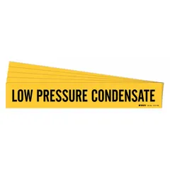Adhesive pipe marker for identifying low pressure condensate piping. Yellow background with black legend, fits pipe outer diameters of 8 inches and larger. Pack of 5 markers without arrows. Suitable for use in industrial steam and HVAC systems.