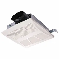 Wall or ceiling mount exhaust fan with 51 cfm maximum airflow at 1.2 sones. Variable speed control and oval duct connector included. Operates on 120V AC. Suitable for removing moisture and odors in bathrooms.