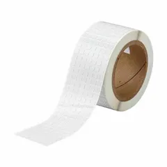 Precut label roll with 1/4 in x 1/4 in polyimide labels featuring permanent adhesive and a white gloss finish. Supplied on a 2 3/8 in roll, compatible with IP Series printers. Suitable for applications requiring high-temperature resistance and chemical stability, such as circuit board labeling and asset tracking.
