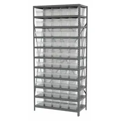 This metal stationary bin shelving unit features a gray steel frame with 11 shelves and includes 50 clear polymer shelf bins. Each bin measures 6 in x 6-5/8 in x 17-7/8 in, providing open-front storage for small parts and components. The 1-sided design allows easy access and visual identification of contents.