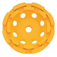 This 5" diameter turbo diamond segment cup grinding wheel features an 18-segment design and a 5/8"-11 arbor. It is used for aggressive material removal and surface preparation on concrete, masonry, and stone in industrial construction and maintenance applications