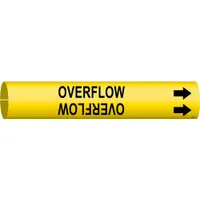 Yellow snap-on pipe marker with black 'Overflow' legend and directional arrows. Fits pipe outer diameters from 3/4 to 1-3/8 inches. Used to identify overflow lines in piping systems for clear visual communication of pipe contents