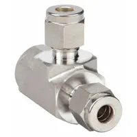 This HAM-LET tee fitting is a double-ferrule compression fitting made of stainless steel, part of the Let-Lok series. It has a 1/2 in OD tube x 1/2 in pipe x 1/2 in OD tube configuration. The double-ferrule design provides secure tube grip and leak-tight sealing, suitable for instrumentation and hydraulic tubing systems