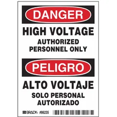 Polyester adhesive signs, 5-pack, each 5 in x 3 1/2 in nominal size, 0.01 in thick. Not retroreflective, not glow-in-the-dark, no anti-slip surface. Used to warn of high voltage hazards in industrial settings, mounted on equipment or panels.