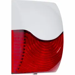 Wall-mount siren alarm with integrated LED strobe light, operating on 12 to 24V DC. Features wire leads for connection and a 3 7/32 in overall width. Designed to deter unauthorized use of equipment in industrial or commercial settings.