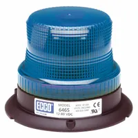 Round blue LED flashing beacon with 3 7/8 in overall height. Operates on 12-80V DC and provides 80 FPMx8 flash patterns. SAE Class 3 rated for low-speed warning zones. Includes mounting hardware, bolt mount, and blunt cut wire connections