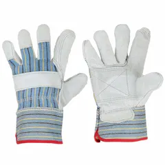 These premium cowhide work gloves feature a beige palm, blue/gray/green cotton back, and a cotton/polyester liner. Designed with a safety cuff and wing thumb for dexterity, they are suitable for general industrial handling, assembly, and light material-moving tasks in dry environments.