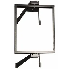 Steel open-frame server rack with 12 rack units, designed for wall-mounting network equipment, patch panels, and switches. Features a 2-post pivoting design with (2) pivot bearings for easy rear cable access. Dimensions: 30 3/4 in x 19 3/4 in x 20 3/8 in.