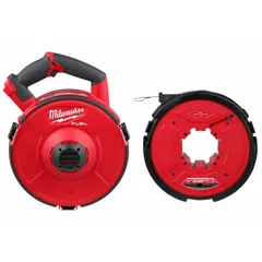 This Milwaukee fish tape is a bare tool from the M18 FUEL ANGLER Series, featuring a 120 ft steel tape. It is designed for pulling wire through conduit, raceways, and other enclosed spaces in electrical installations. The steel construction provides strength for navigating tight conduit runs.