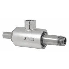 This MOSMATIC rotary union is a single-passage elbow joint made of plain 304 stainless steel. It features a 1/2 in threaded rotating shaft and is rated for a maximum speed of 150 RPM. Used to transfer fluid from a stationary supply to rotating equipment in industrial cooling, hydraulic, and pneumatic systems.