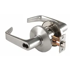 Storeroom lever lockset for interior doors where entry is by key only and exit is always free. Features a 9K Contour Angle Return Lever in satin chromium-plated zinc finish. ADA compliant with Large Format Interchangeable Core (LFIC) for key control. ANSI F91 function with no visual indicator.