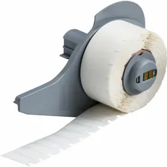 Vinyl wraparound label with black-on-white printing, sized 3/4 in x 1/4 in, for wire gauges 16 AWG to 10 AWG. Designed for use with the M710 printer series and M7-R6200 ribbon. Commonly applied for wire identification in electrical panels and control cabinets.