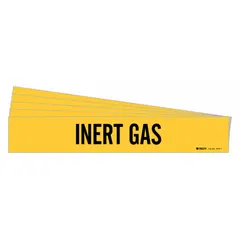 Yellow adhesive pipe marker with black legend reading 'Inert Gas', without arrows. Fits pipe outer diameters from 2-1/2 to 7-7/8 inches. Sold in a pack of 5. Used to identify pipes carrying inert gas in industrial facilities, refineries, and chemical plants for safety and compliance.