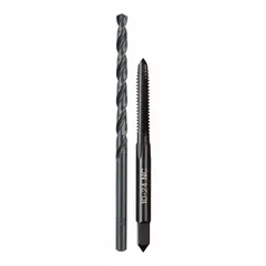 This 2-piece set includes a #10-24 plug tap and a #25 drill bit, both with straight flute design. The tap cuts internal threads, while the drill bit provides the correct pilot hole for threading. Suitable for creating threaded holes in metal, plastic, or wood.