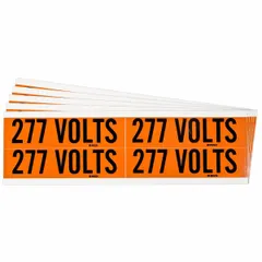 Self-stick vinyl marker with legend '277 Volts' for identifying 277 V circuits. Label height 1 1/8 in, label style B. Pack of 5. Used on conduit and electrical panels for circuit identification.