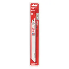 General purpose reciprocating saw blade for straight cuts in wood, metal, or plastic. 8-inch length, 0.04-inch thickness, 10/14 variable teeth per inch. Sold in a 5-pack.