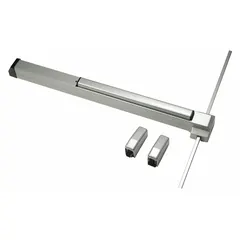 Aluminum surface vertical rod exit device with touchbar and night latch. Designed for doors up to 4 ft wide. Suitable for use in commercial and industrial facilities requiring code-compliant emergency egress.