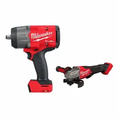This combo kit includes a braking grinder and an impact wrench, both tool-only units operating on 18 V DC. The braking grinder is suited for cutting and grinding tasks, while the impact wrench provides high-torque fastening for applications such as metal fabrication, construction, and maintenance. Manufacturer part numbers are 2967-20 and 3670-20.