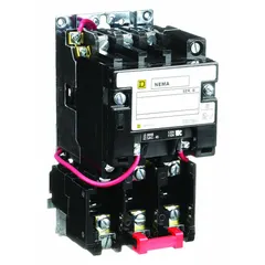 This non-reversing magnetic motor starter is designed for three-phase motor control in industrial applications such as conveyors, pumps, and compressors. It features a NEMA Size 00 rating, 9 A capacity, 3 poles, and a 110/120V AC coil. Screw clamp terminals facilitate wiring, and three melting alloy thermal units (not included) are required for overload protection.