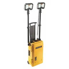 This PELICAN wheeled-cart remote area light delivers 12,000 lm maximum brightness with a single brightness level. It operates on 12V DC, features a yellow frame, and is rated IP54 for dust and splash resistance. Suitable for temporary job site illumination in construction, maintenance, and emergency response applications.