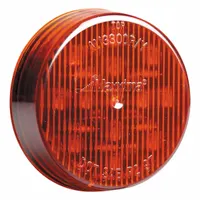 LED clearance light with round red lens, surface mount, and grommet installation. Features PL-2 connector, SAE P2 compliance, and IP67 rating for dust and water ingress protection. Used on trucks, trailers, and heavy equipment to indicate vehicle width and height