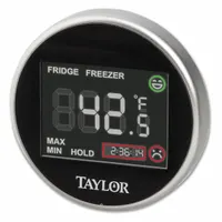 This LCD thermometer monitors temperatures in refrigerators and freezers to help maintain proper cold storage conditions. It features a stainless steel case, plastic lens, and is metal detectable. Accuracy is ±2°F. Overall length is 1 1/4 in