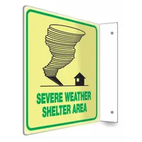 This 8 in x 8 in PETG sign identifies severe weather shelter areas. It features an L-Shape Projection design and mounting holes for secure wall installation. The sign is glow-in-the-dark for visibility in low-light conditions and is not retroreflective