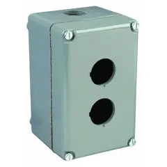 Aluminum enclosure for mounting 30mm push buttons and pilot lights. Features two holes and is rated NEMA 1/12/13/3/4/6 for protection against dust, oil, water, and temporary submersion. Suitable for indoor and outdoor industrial control applications.