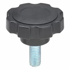 This 8-arm knob features a plastic body with a steel thread insert for corrosion resistance. The threaded stud is 1/2"-13 size and 1.25 inches long. It is used for manual adjustment, clamping, and positioning on industrial machinery, jigs, and fixtures.