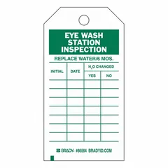 Green/white polyester tag for documenting eyewash station inspections. Measures 3 in wide by 5 3/4 in high. Suitable for indoor and outdoor use. Supplied in a pack of 10.
