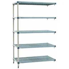 This stationary shelving unit features a steel frame and steel shelves with antimicrobial resistance properties. It includes five shelves with quick-adjust shelf adjustment. Overall height is 74 inches. Suitable for storage in environments where hygiene and resistance to microbial growth are required.