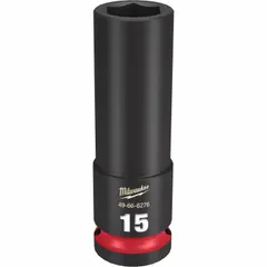This 1/2" drive impact socket features a 15 mm metric, 6-point deep design with friction retention. The black phosphate finish provides corrosion resistance. Suitable for heavy-duty fastening and loosening tasks with impact wrenches in automotive, construction, and industrial maintenance applications.