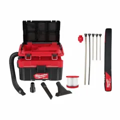 This MILWAUKEE shop vacuum features a 2-1/2 gallon plastic tank with bagless debris collection. It includes a 1-1/4 inch diameter, 6 foot long hose. Suitable for wet and dry pickup in workshops, construction sites, and maintenance areas.