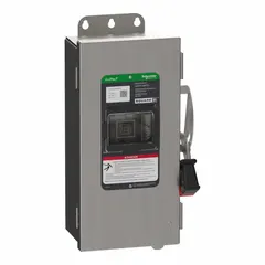 This SCHNEIDER fusible safety switch is rated for 30 A, three-phase operation at 600V AC/DC. Housed in a galvanized steel enclosure for indoor use, it serves as a disconnection point for industrial electrical circuits, enabling safe maintenance or emergency shutdown in power distribution and motor control applications.