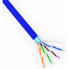 Shielded Category 6A cable with 24 AWG solid bare copper conductors and PVC jacket. Blue jacket with commercial fire rating. Suitable for high-speed data transmission in structured cabling systems, supporting Ethernet applications over 1000 ft runs.
