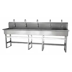 This five-station freestanding wash station features a 97-inch bowl length and 8-inch bowl depth. It is equipped with sensor-activated faucets and operates on battery power, delivering a flow rate of 0.5 gpm. Suitable for high-traffic handwashing applications where touch-free operation is desired.