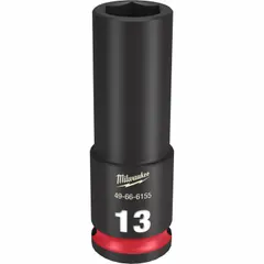This 3/8" drive deep impact socket features a 13 mm metric, 6-point design with friction retention for secure engagement on longer fasteners. The black phosphate finish provides corrosion resistance. Suitable for use with impact wrenches in automotive, industrial, and construction applications.