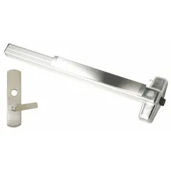 This rim-type exit device features a touchbar style and lever outside trim, designed for doors up to 3 ft wide. It is ADA compliant and finished in chrome. Suitable for commercial and institutional applications requiring safe, code-compliant egress.