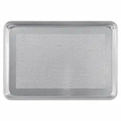 Full-size sheet pan made of uncoated aluminum with perforated surface and closed bead edge. Designed for commercial baking, roasting, and drying applications where even airflow and heat distribution are needed.