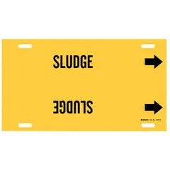 Strap-on pipe marker for identifying sludge-carrying pipes. Yellow background with black legend and directional arrows. Fits pipe outer diameters of 10 to 15 inches. Single marker included.