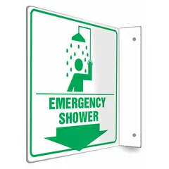 This L-shape projection sign is designed to identify emergency shower locations. It features an 8 in x 8 in nominal size with mounting holes for secure wall installation. The sign is made of PETG and is not retroreflective, not glow-in-the-dark, and has no anti-slip surface.