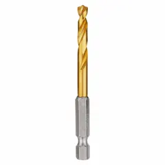 This 13/64" hex shank drill bit is impact rated for use with impact drivers. The 135° split point reduces walking for accurate starts. TiN-coated high-speed steel (HSS) construction provides wear resistance. Suitable for drilling in metal, wood, and plastic.