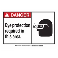 This danger sign communicates the requirement for eye protection in designated areas. It features adhesive mounting for application on clean, dry surfaces. The sign is made of polyester, measures 3 1/2 by 5 inches, and is not retroreflective