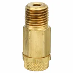 Brass body pressure relief valve with 1/4 in MNPT connection. Pressure range from 0 in Hg to 20 psi, maximum flow rate 2 cfm. Used to protect pneumatic systems from overpressure in industrial air lines, instrumentation, and control panels.
