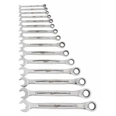This 15-piece SAE 12-point ratcheting combination wrench set includes sizes from 1/4 in to 1 in. The wrenches feature a chrome finish and are organized in a tray. Suitable for tightening and loosening fasteners in machinery, equipment assembly, and maintenance tasks.