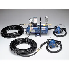 Complete SAR system with 3/4 hp pump, half mask headgear, and two breathing tubes. Delivers breathable air for respiratory protection in industrial environments such as painting, chemical handling, or abrasive blasting.