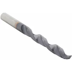 This solid carbide jobber-length drill bit features an AlTiN coating and a 118° 4-facet point geometry. It is designed for general-purpose drilling in materials such as hardened steels, stainless steels, and cast irons. The 0.2055-inch diameter (#5 wire gauge) and reduced thrust point improve hole accuracy in production machining and toolroom applications.
