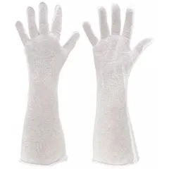 Finished hem, cut and sewn cotton gloves in white. 14-inch length provides forearm coverage. Suitable for light-duty handling, inspection, and assembly tasks where cleanliness and basic hand protection are needed.